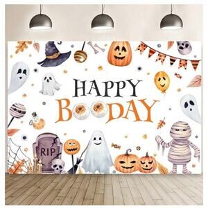 Cute 7'x5' Halloween Happy Booday Party Backdrop Ghost Pumpkin Spider Bone